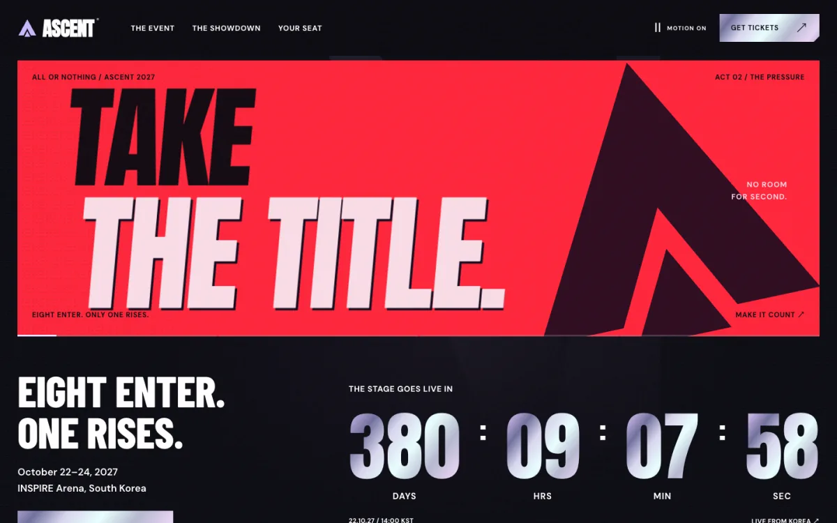 The ASCENT event page, with TAKE THE TITLE across a red banner and a countdown below it on a dark ground