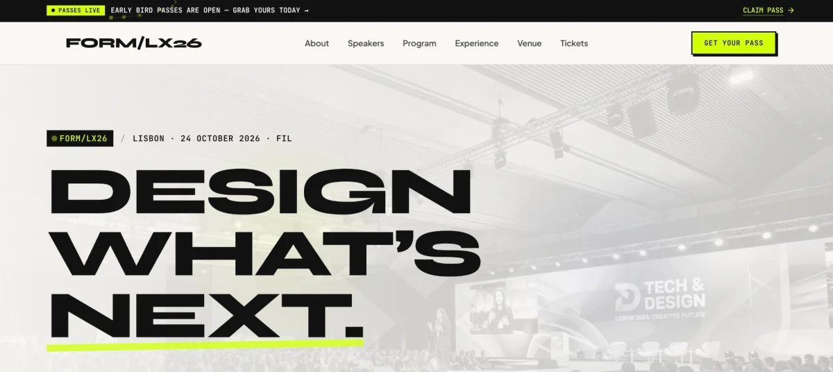 The FORM/LX26 event page, with DESIGN WHAT’S NEXT in wide black type over a grayscale conference hall and a lime green underline