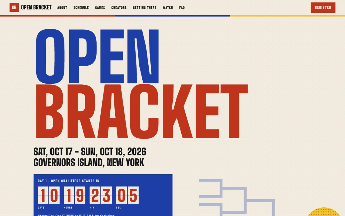The Open Bracket event page, with OPEN BRACKET in tall blue and red type on a cream ground