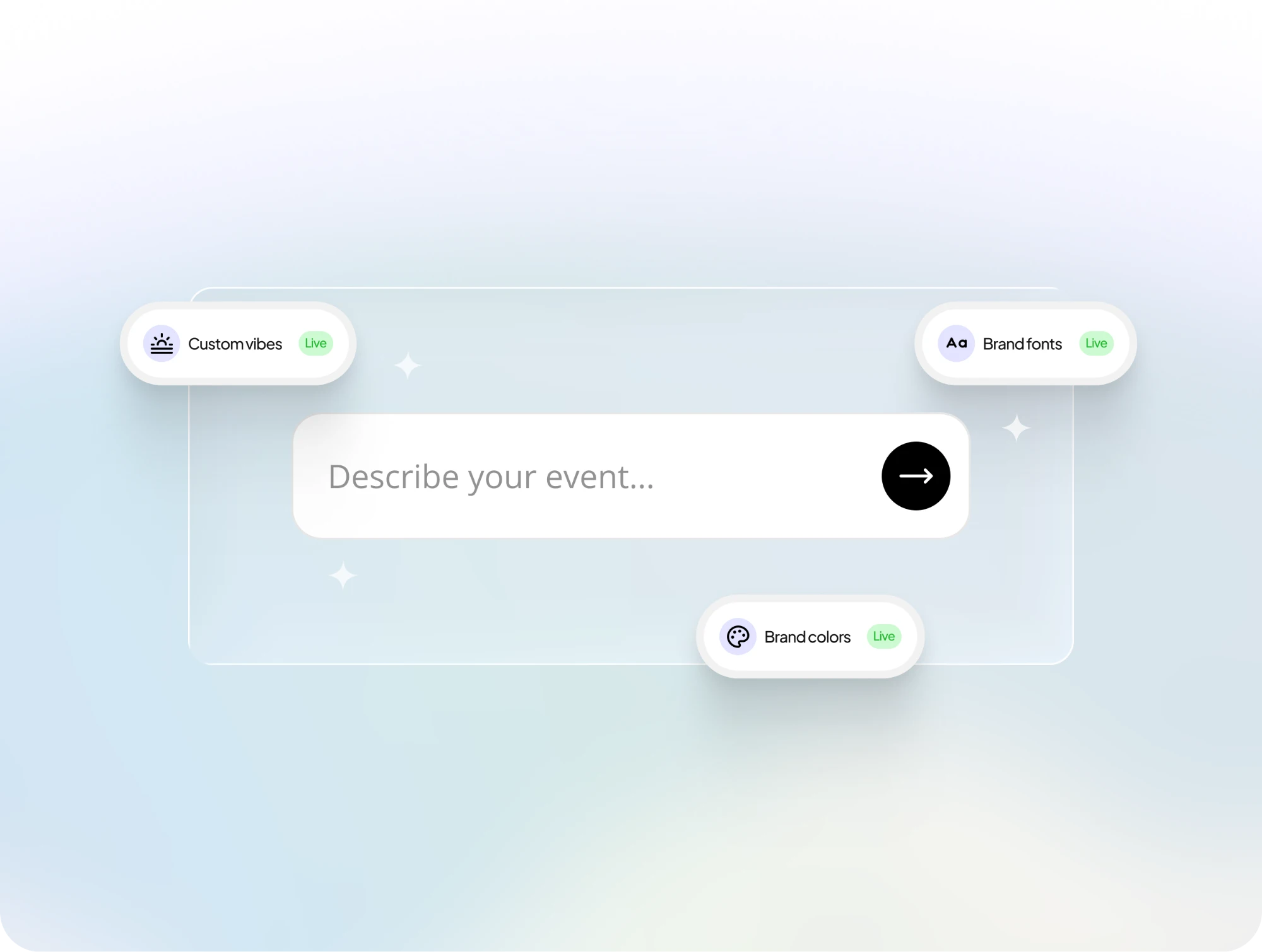 A Describe your event prompt, surrounded by live Custom vibes, Brand fonts and Brand colors chips