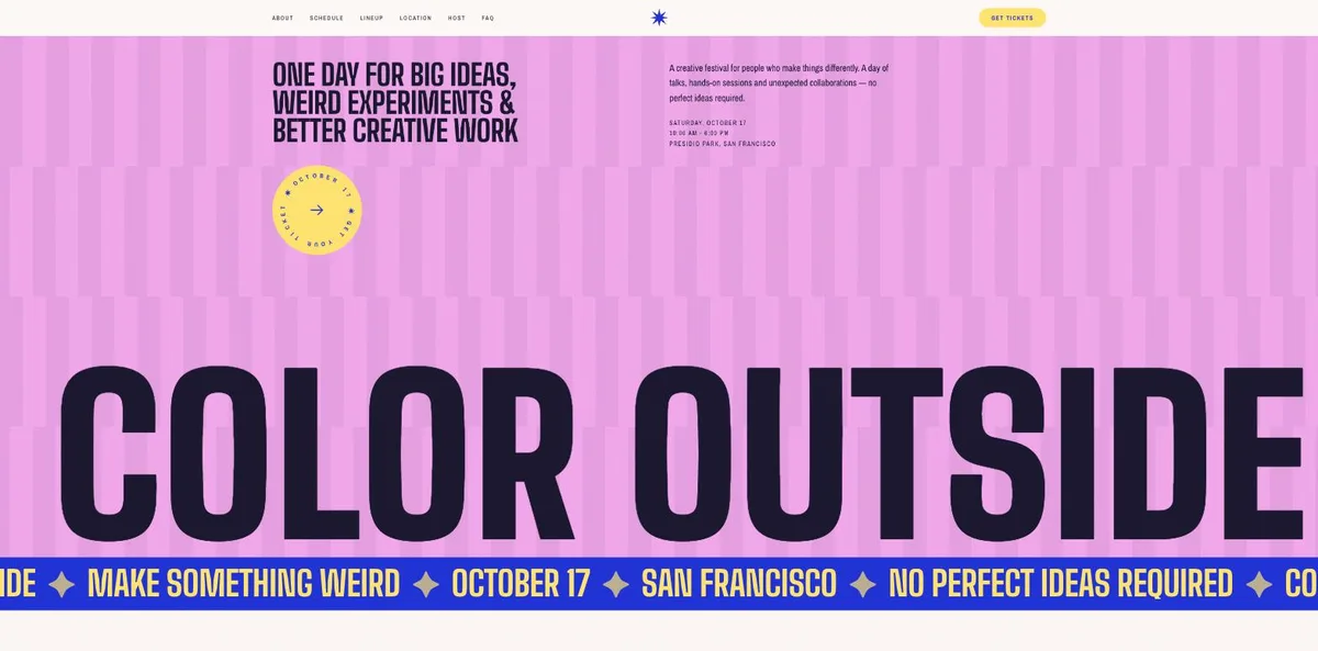 An event page for a creative festival, with a giant condensed wordmark over a pink striped background