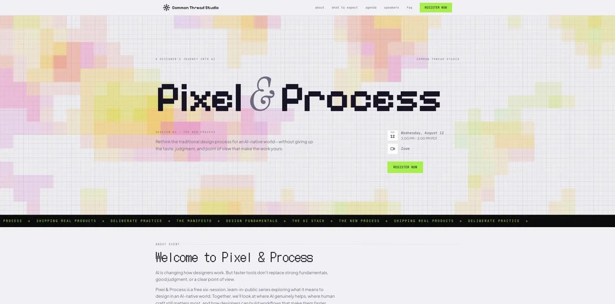 An event page for a virtual series, with a pixel-styled title over a soft colour grid