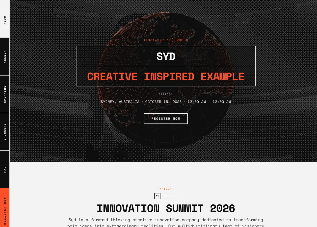 An event page for an innovation summit, with a monospaced title boxed over a dark halftone globe