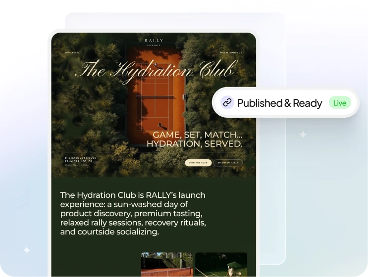 The finished Hydration Club event page, marked Published & Ready and Live