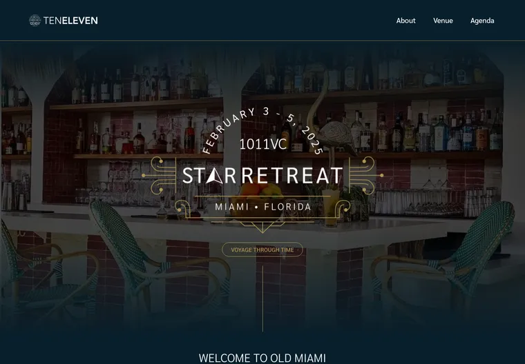 A cybersecurity retreat page, with a serif wordmark over a warm photograph of a Miami hotel interior