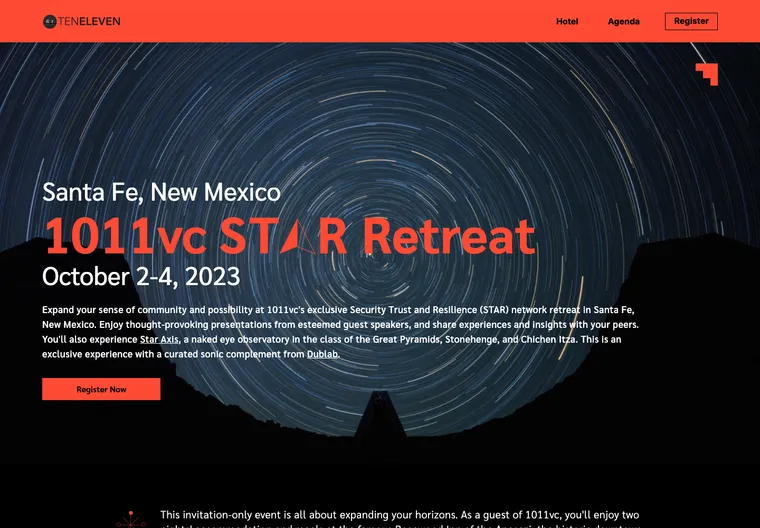 A retreat page set in Santa Fe, with the title over a long-exposure photograph of star trails