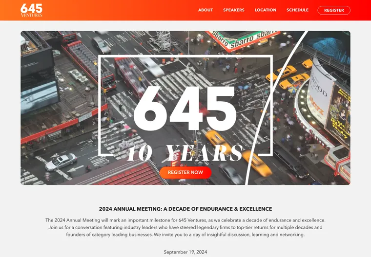 An annual meeting page marking ten years, with a white outlined 645 over an aerial city photograph