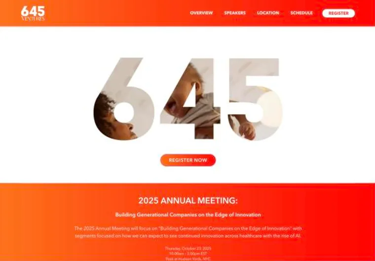 An annual meeting page in red and white, with the 645 wordmark filled with photography