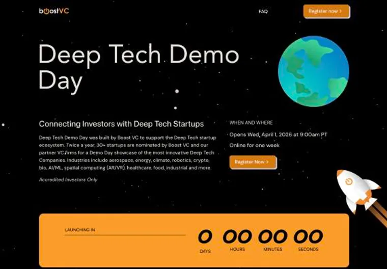 A demo day page for deep tech startups, hosted online by Boost VC
