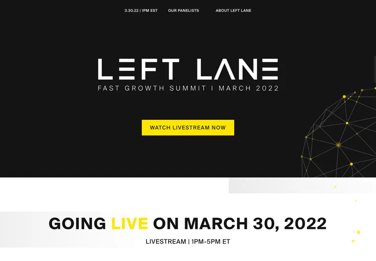 A livestream page on black, with the Left Lane wordmark and a yellow watch button