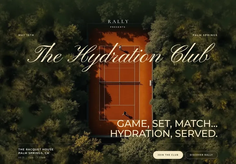 A product launch page for a drinks brand, with a serif wordmark over a sunlit tennis clubhouse